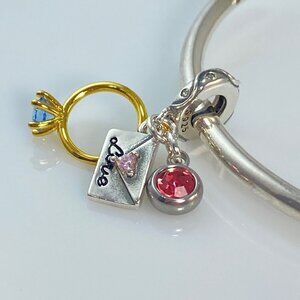 Sterling Silver Engagement Ring & Love Letter with Birthstone Dangle Charm